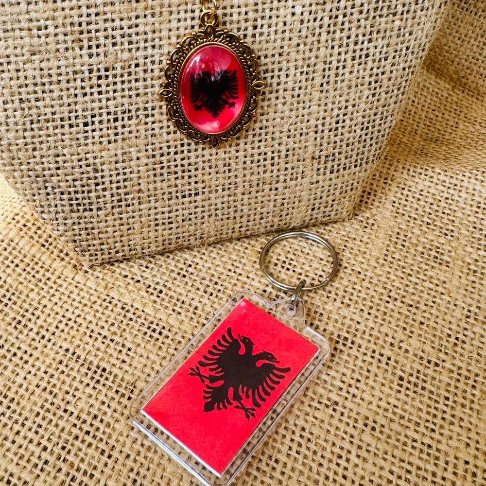 Red and Black Albanian Eagle Necklace & Keychain Bundle Albania Pride Gift Set